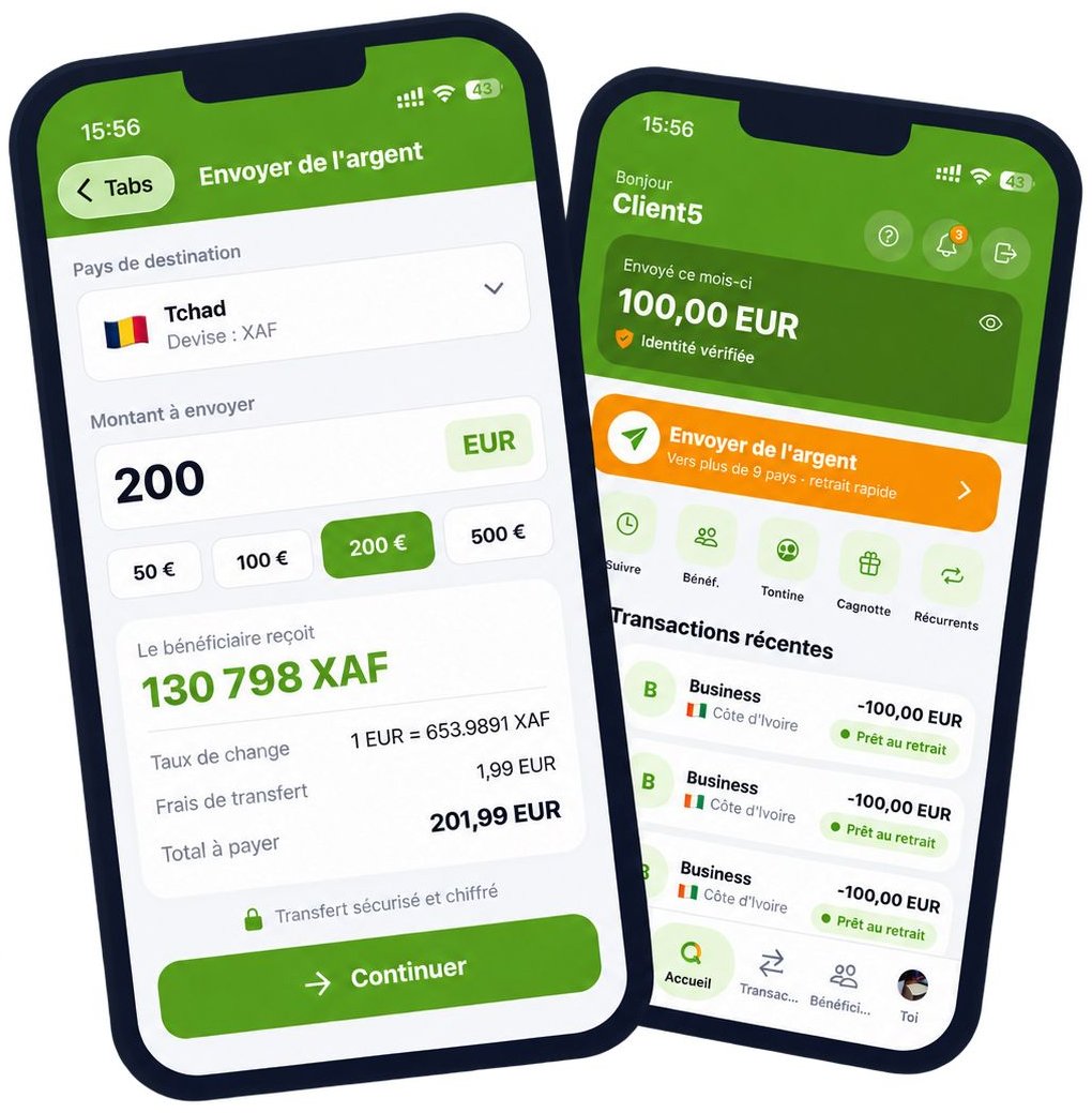 Écrans de l’application Quickly Money : envoi de 200 € vers le Tchad et page d’accueil avec les transactions récentes